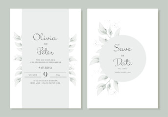Vector wedding templates with watercolour leaves and vegetation in cool pastel colours. Painted branches, leaves on a white background. Simple, minimalist invitations.