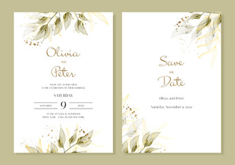Vector wedding templates with watercolour leaves and vegetation. Hand-painted branches, leaves on a white background. Simple minimalist invitations.
