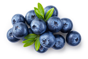 Blueberry isolated. Blueberries with leaves on white. Blueberry top view on white background. With clipping path. - Powered by Adobe