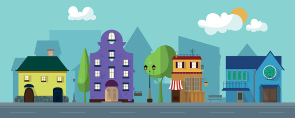 Vector illustration of a beautiful fabulous city. Cartoon urban landscape with old houses, road, lanterns, benches, trees and city in the background.