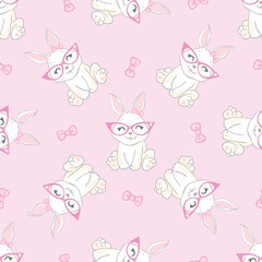 Seamless Pattern Rabbit and bow. Hand Drawn Bunny and heart, print design rabbit background. Vector Seamless.
