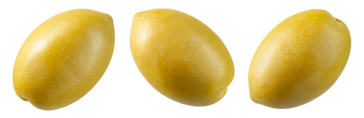 Green olive isolated. Olives collection on white background. Top view green olive with clipping path. Full depth of field.
