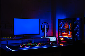 High-End Computing gaming set monitor blue screen with screen showing computer status © boygek