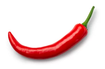 Fotobehang Chili peper op witte achtergrond. Chili bovenaanzicht geïsoleerd. Red hot chili peper top. Met uitknippad. © Tim UR