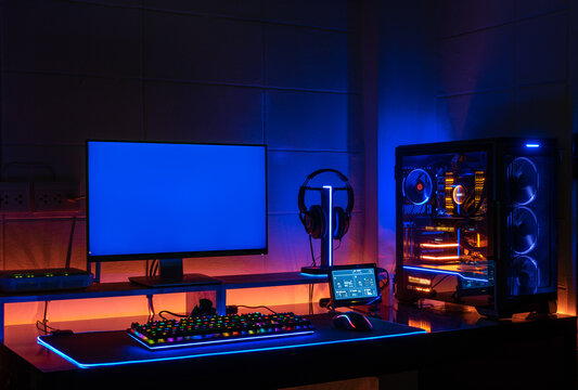 High-End Computing gaming set monitor blue screen with screen showing computer status