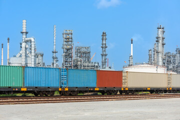 Obraz premium Container yard for rail transport to the port going through oil refinery