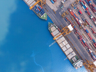 large cargo ship Logistics and transportation of International Container Cargo ship and cargo plane in the ocean a Freight Transportation, Shipping at the port © boygek