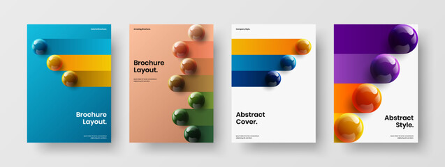 Colorful realistic spheres front page template collection. Original cover A4 design vector illustration set.