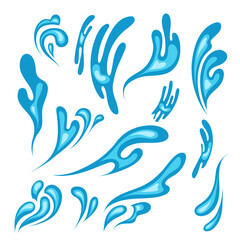 Set of blue splashes in cartoon style. Vector illustration of sea waves icons, nature symbol on white background.