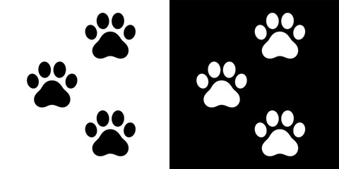 Cat paw print vector set. Kitten footprint on white and black background, world cat day icon