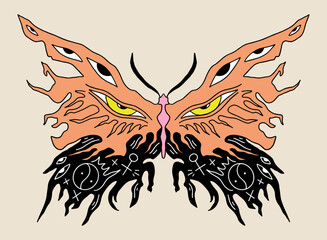 Hippie bohemian groovy funky butterfly in 1960s boho psychedelic style. Perfect for tattoo, T-shirt, music album cover, coloring page and more. Vector clipart illustration.