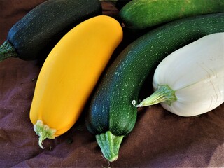 A lot of large zucchini lies on the brown table. White squash. Yellow squash. Green squash.