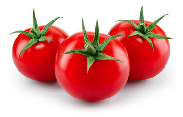 Tomatoes isolated. Tomato on white background. Three tomatoes side view. With clipping path. Full depth of field.