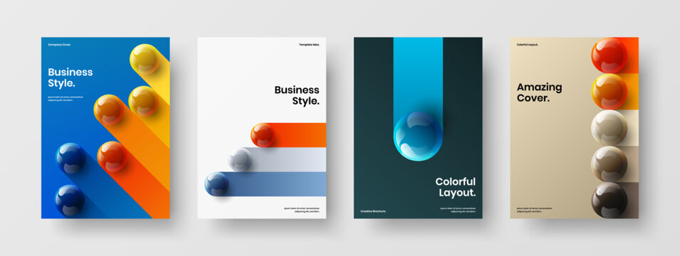 Unique 3D spheres corporate identity illustration set. Modern company brochure A4 vector design layout composition.