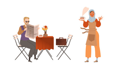 Man Character Sitting at Table in Street Cafe or Restaurant Reading Newspaper and Drinking Coffee and Woman Waitress in Apron Bringing Cup Vector Set