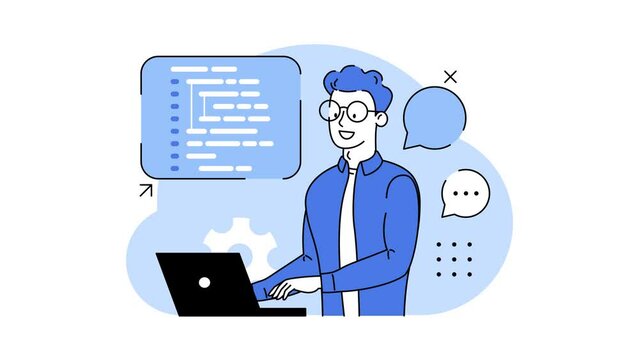 IT programming, Support. Concept of script coding. Programming language. Programmer working on web development on computer. Software developers. Workplace of the programmer. 2d flat looped animation