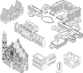 set of urban structures, buildings and transport vector illustration outline