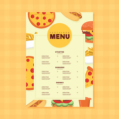 Fast food menu with eat concept. Restaurant menu with hot dog, pizza, burger, soda and french fries.