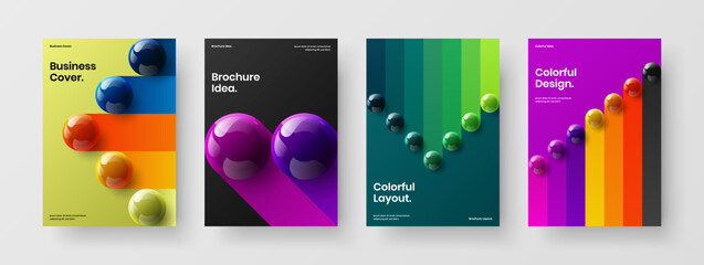 Vivid brochure design vector template collection. Unique 3D balls front page concept composition.