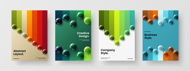 Modern 3D spheres leaflet illustration set. Geometric pamphlet A4 vector design concept collection.