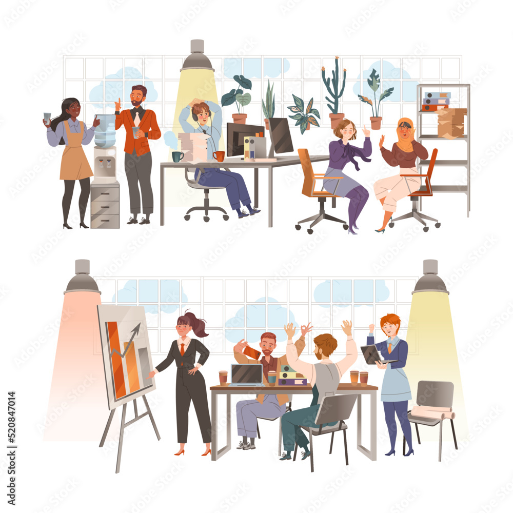 Poster people colleagues in office working and talking engaged in daily workflow vector set