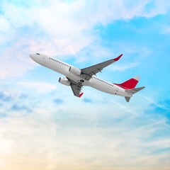 Beautiful nature background with aircraft and Jet in the sky. Airplane and condensation trail....