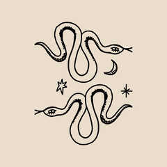 Magic snakes with moon and stars clipart. Mystical dark boho style symbolic, distressed witchy gothic spiritual illustration, ethnic astrological rite symbol, good for tattoo.