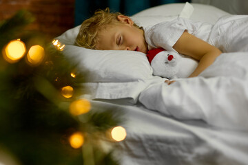 Cute blond boy sleeps under a Christmas tree with a teddy bear in a red hat and dreams of Santa Claus at home. Happy child is waiting for New Year's gifts.