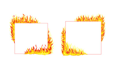 Fire Frame with Hot Burning Tongue of Flame and Border Line Vector Set