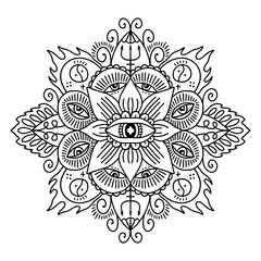 Trippy magic black mandala tattoo with human eyes. Vector illustration. Cosmogony psychedelic lucidity concept. Hippie party, rave trance music festival. Distressed groovy funky style print clipart