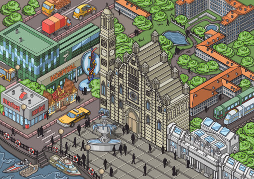 European city square architecture tourism vector illustration