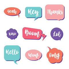 Set of flat speech bubbles stickers. Cute colorful badges different shapes with calligraphic messages