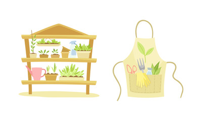 Gardening with Watering Can and Seedling in Pots on Wooden Shelf Racking and Apron as Plant Cultivation and Agriculture Vector Set
