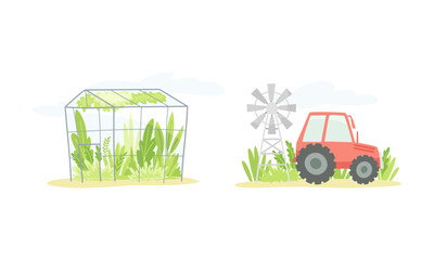 Gardening with Crop Growing in Greenhouse and Tractor with Wind Generator as Plant Cultivation and Agriculture Vector Set