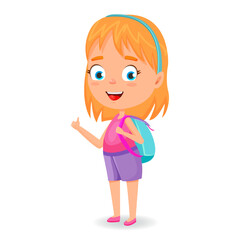 Schoolgirl with backpack is going back to school. School time. Cute vector cartoon character for books, banners, certificate.