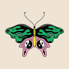 Hippie bohemian groovy funky butterfly in 1960s boho psychedelic style. Perfect for tattoo, T-shirt, music album cover, coloring page and more. Vector clipart illustration.