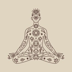 Sitting human in lotus pose, yoga practice. Vector illustration. Samadhi zen composition. Indian, Buddhism, chakras system, spirituality clipart, Bali, Goa. Vipassana practice, retreat. Boho hippie