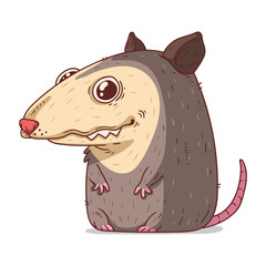 A Possum, isolated vector illustration. Funny cartoon picture for children of smiling friendly opossum sitting. A humorous possum sticker. Simply drawn opossum on white background. A wild animal.