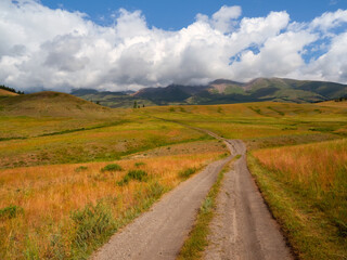 Fototapeta na wymiar Beautiful golden mountain landscape with long dirt road through sunlit steppe to large mountains in white clouds on blue sky. Length road in big mountains.