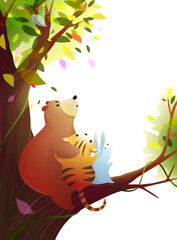 Animals sitting on tree looking up, cute bear bunny and tiger friends. Illustration for kids with baby animals. Illustrated vector dreamlike tree in watercolor style, on white background.