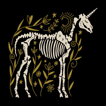 Creepy unicorn skeleton in dark boho style, bohemian skull vector clipart illustration. Ornate floral design. Gothic, macabric medieval horse head with horn. Great for Halloween party, t-shirts