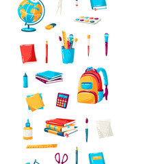 School seamless pattern with education items. Illustration of supplies and stationery background.