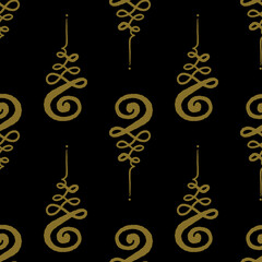 Unamole Seamless Pattern. Hindu and Buddhist symbols. Vector clipart ornament. Gold on black repeat image.