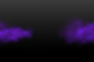Realistic scary mystical violet fog in night Halloween. Purple poisonous gas, dust and smoke effect.