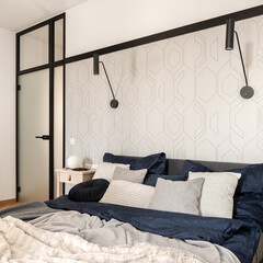 Stylish bedroom with modern glass doors