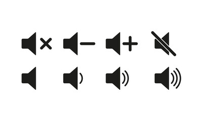 Volume control buttons set icon. Turn off the sound, turn down, up, on, plus, minus, cross, crossed out, loud, quiet, listen, music, speaker, megaphone. Technology concept. Vector line icon