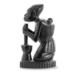 Wooden African statue of a woman working with a large mortar, and carying her child on her back ...