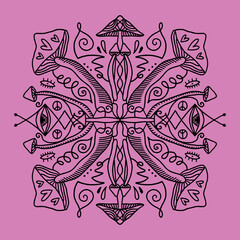 Magic mushroom mandala. Vector illustration. Cosmogony trippy psychedelic lucidity concept. Hippie party, rave trance music festival. Distressed groovy funky style. Esoteric art print clipart.