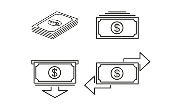 Dollar bills. Vector illustration. Money transfers, arrow, send, pay, cash advance, currency, income, spending, savings. Financial management concept. Vector line icon for Business and Advertising