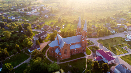 Church of the Holy Trinity Church in Vidzy, Belarus aerial view . Old catholic cathedral neo gothic...